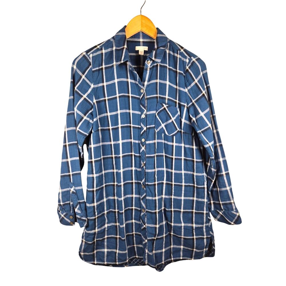 J. Jill Long Sleeve Flannel Tunic Plaid Button Down Shirt Cotton Blue White S
